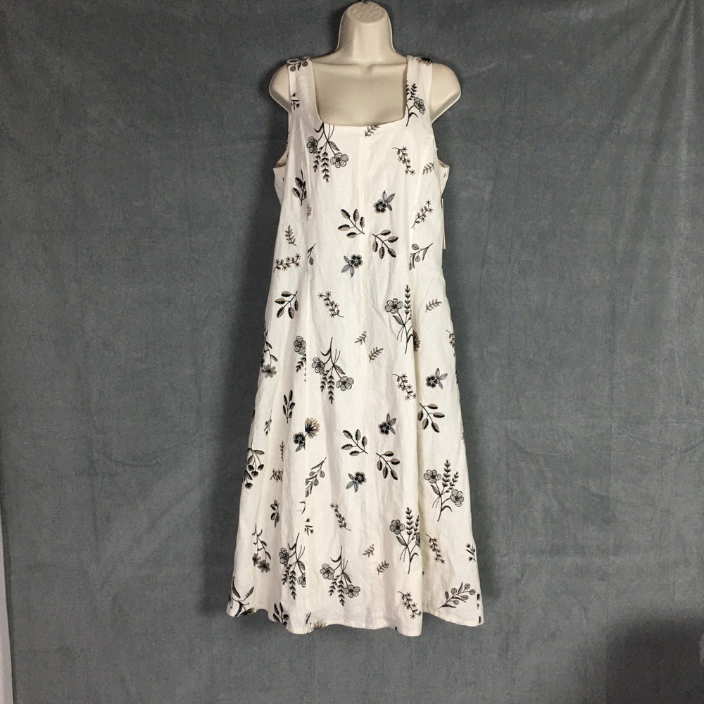 New Joie Womens White Linen Blend Floral Midi SunDress‎ L Summer Vacation Beachy